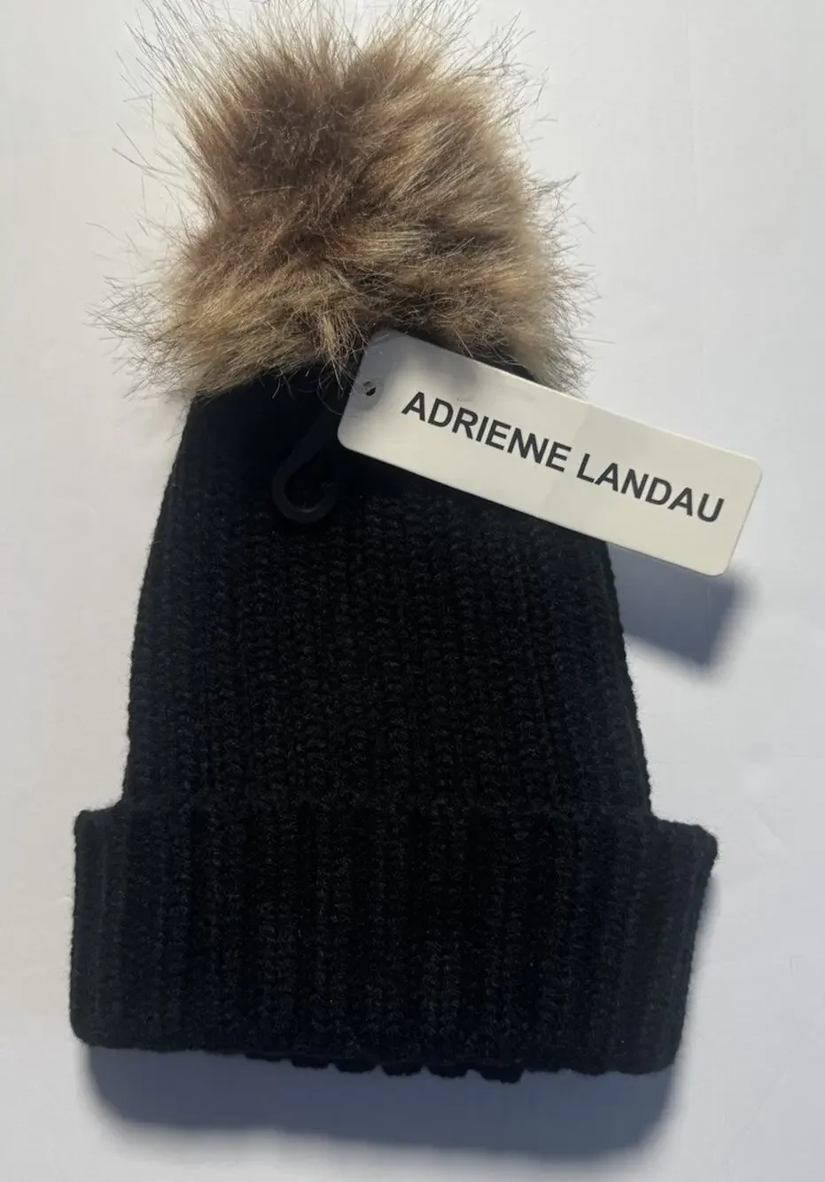 Adrienne Landau Black Ribbed Knit Beanie Faux Fur Pom Pom Hat NWT One Size